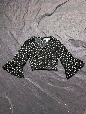 Black Floral Smocked Crop Top with Bell Sleeves. Size 8. EXCELLENT CONDITION!